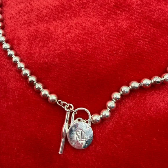 Lauren Ralph Lauren Logo Padlock Charm Beaded Collar Necklace Sterling Silver - Picture 2 of 11